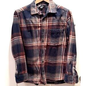 EDDIE BAUER Flannel Shirt Men's Medium Plaid Button Up 100% Cotton Navy Burgundy